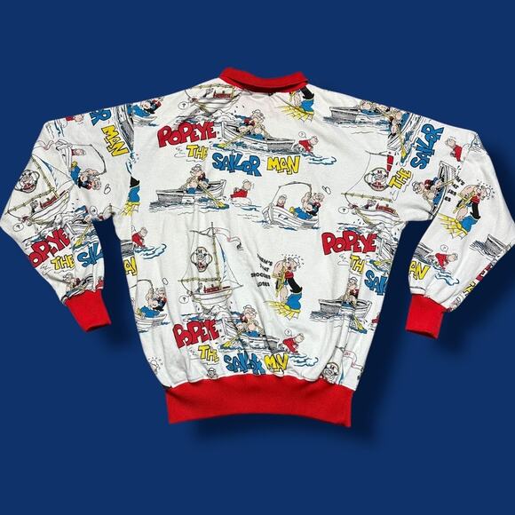 Vintage 80s Popeye the Sailor Man AOP Novelty Print Sweatshirt Collared M - Picture 1 of 5
